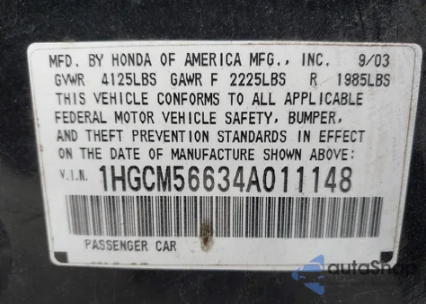 2004 Honda Accord 2.4 Ex from USA, damaged, VIN 1HGCM56634A011148